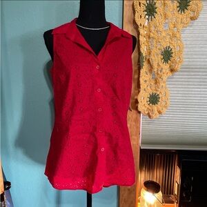 Red Sleeveless Eyelet Button-Up Top